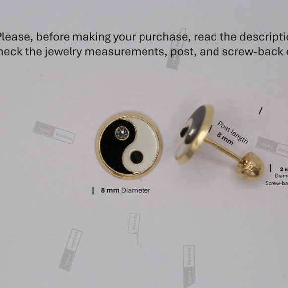 Yin Yang Stud Earrings, Solid 14K Yellow Gold — Aretes Yin Yang, Oro Amarillo. - Picture 7 of 8